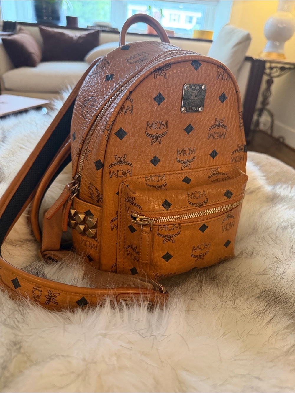 MCM Cognac Visetos Logo Mini Backpack with Stud Accents